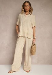 Beżowy Wiskozowy Komplet Oversize z Haftem Koszula i Spodnie Iffussa. Brązowe koszule damskie Renee, bez wzorów, z materiału, eleganckie. Za 109.99 zł.