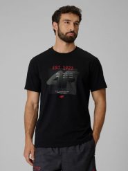 4F T-shirt regular z nadrukiem męski - czarny XL. Czarne t-shirty męskie 4f, m, bez wzorów, z materiału, bez kołnierzyka. Za 69.99 zł.