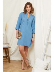 Rodier Lin Lniana sukienka w kolorze niebieskim rozmiar: XL/XXL. Niebieskie sukienki damskie Rodier Lin, na co dzień, xl, bez wzorów, ze lnu, bez kołnierzyka, bez ramiączek, mini, proste. Za 114.71 zł.