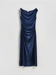 Welurowa sukienka maxi - granatowy. Niebieskie sukienki damskie Reserved, na co dzień, l, bez wzorów, z dzianiny, bez kołnierzyka, bez ramiączek, maxi, proste. Za 109.99 zł.