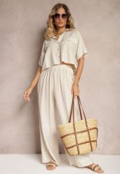 Beżowy 2-Częściowy Komplet z Wiskozy Koszula o Luźnym Kroju Szerokie Spodnie Velvitela. Brązowe koszule damskie Renee, bez wzorów, z materiału, eleganckie. Za 149.99 zł.