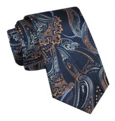 Elegancki Krawat Męski - Alties - Duży Wzór Orientalny na Granatowym Tle. Niebieskie krawaty i muchy męskie Alties, bez wzorów, z tkaniny, eleganckie. Za 49.00 zł.