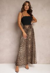 Brązowa Rozkloszowana Spódnica w Panterkę High Waist z Marszczeniem w Pasie Nolisea. Brązowe spódniczki damskie Renee, m, bez wzorów, z materiału, z podwyższonym stanem, maxi, rozkloszowane. Za 89.99 zł.