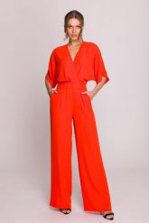 Elegancki kombinezon damski z kopertowym dekoltem pomarańczowy. Brązowe kombinezony damskie Stylove, l, bez wzorów, z tkaniny, biznesowe, bez kołnierzyka, bez ramiączek, krótkie. Za 519.00 zł.