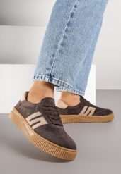 Ciemnobrązowe Sneakersy Tenisówki ze Skóry Naturalnej z Geometrycznym Motywem Haleria. Brązowe trampki i tenisówki damskie Born2be, bez wzorów, ze skóry. Za 199.99 zł.