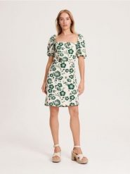 Sukienka z bufiastymi rękawami - beżowy. Brązowe sukienki damskie Reserved, l, bez wzorów, z bawełny, klasyczne, bez kołnierzyka, bez ramiączek. W wyprzedaży za 39.99 zł.