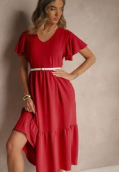 Czerwona Rozkloszowana Sukienka z Wiskozą w Casualowym Stylu Filarenna. Czerwone sukienki damskie Renee, na co dzień, l, bez wzorów, z wiskozy, eleganckie, bez kołnierzyka, bez ramiączek, midi, rozkloszowane. W wyprzedaży za 59.49 zł.