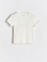 Bawełniany t-shirt w prążki - złamana biel. Koszulki dziewczęce Reserved, bez wzorów, z bawełny, bez ramiączek. W wyprzedaży za 22.99 zł.