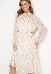 Jasnobeżowa Sukienka Rozkloszowana Wiązana w Talii i Pod Dekoltem w Kwiaty Ronarae. Brązowe sukienki damskie Born2be, na co dzień, na lato, l, bez wzorów, eleganckie, bez kołnierzyka, bez ramiączek, midi, rozkloszowane. W wyprzedaży za 143.99 zł.