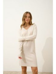 Just Cashmere Kaszmirowa sukienka "Mileya" w kolorze kremowym rozmiar: XXL. Brązowe sukienki damskie Just Cashmere, na co dzień, xxl, bez wzorów, z kaszmiru, bez kołnierzyka, bez ramiączek, midi, proste. Za 385.62 zł.