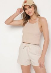 Beżowy Bawełniany Top o Dopasowanym Kroju na Ramiączkach Lileene. Brązowe topy damskie Born2be, l, bez wzorów, z bawełny, bez kołnierzyka. Za 39.99 zł.