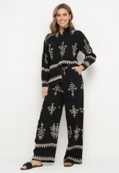 Czarny Komplet z Wiskozy w Stylu Boho Koszula i Spodnie Zdobione Haftem Sarhiris. Czarne koszule damskie Born2be, z aplikacjami, z wiskozy, boho. Za 159.99 zł.