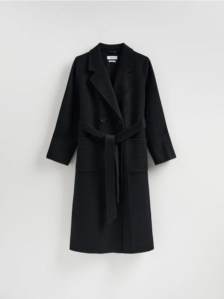 Dwurzędowy płaszcz z wełną - czarny. Czarne płaszcze damskie Reserved, l, bez wzorów, z tkaniny. Za 499.99 zł.