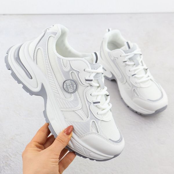 Półbuty damskie sportowe białe Big Star RR274A191. Białe półbuty damskie Big Star, bez wzorów, z tkaniny, retro, bez obcasa. Za 199.99 zł.