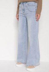 Niebieskie Szerokie Jeansy z Wysokim Stanem Przeszyciami i Imitacją Kieszeni Tanila. Niebieskie jeansy damskie Born2be, z podwyższonym stanem. Za 119.99 zł.