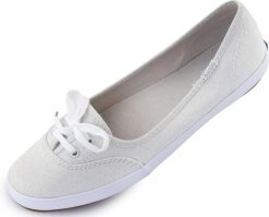 Srebrne baleriny Keds Teacup Lurex w paski. Szare baleriny damskie KED, bez wzorów, z gumy, bez obcasa. Za 205.99 zł.