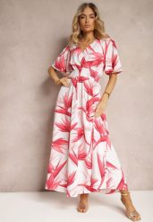 Różowo-Biała Kopertowa Sukienka Wiązana na Plecach z Gumką w Talii Jeteri. Czerwone sukienki damskie Renee, na lato, l, bez wzorów, z materiału, bez kołnierzyka, bez ramiączek, maxi, kopertowe. W wyprzedaży za 63.99 zł.