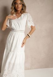 Biała Rozkloszowana Sukienka z Bawełny z Haftowanymi Zdobieniami w Stylu Boho Efrivina. Białe sukienki damskie Renee, na spotkanie biznesowe, m, z aplikacjami, z bawełny, boho, bez kołnierzyka, bez ramiączek, maxi, kopertowe. Za 149.99 zł.