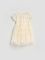 Tiulowa sukienka z haftem - kremowy. Białe sukienki dziewczęce Reserved, bez wzorów, z dzianiny, bez ramiączek. Za 109.99 zł.