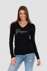 GUESS Czarny damski sweter Saige Logo Vn Ls Swtr. Czarne swetry klasyczne damskie Guess, s, z materiału, bez kołnierzyka. W wyprzedaży za 324.99 zł.