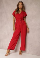Czerwony Kombinezon z Wiskozy Zotolio. Czerwone kombinezony damskie Renee, na lato, m, bez wzorów, z materiału, eleganckie, bez kołnierzyka, bez ramiączek, długie. Za 49.99 zł.