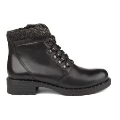 Marco Tozzi czarne botki ze skóry naturalnej z jasnym futerkiem, zamek i sznurki. Czarne buty zimowe męskie Trespass, na jesień, z materiału, bez zapięcia. Za 256.99 zł.