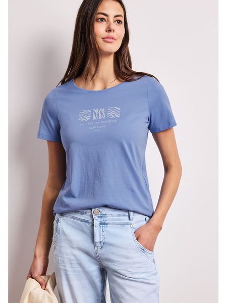 Street One Koszulka w kolorze błękitnym rozmiar: 42. Niebieskie bluzki damskie Street One, bez wzorów, z bawełny, street, bez kołnierzyka, bez ramiączek. Za 72.95 zł.