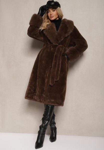 Brązowy Futrzany Płaszcz z Wiązanym Paskiem Ozdobnym Kołnierzem i Mankietami Viaressa. Brązowe płaszcze damskie Renee, l, bez wzorów, z futra, eleganckie. Za 319.99 zł.