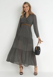 Czarna Sukienka Demusa. Czarne sukienki damskie Born2be, l, bez wzorów, z tkaniny, bez kołnierzyka, bez ramiączek, maxi, kopertowe. W wyprzedaży za 135.99 zł.