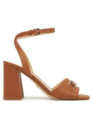 Guess Sandały FLJGRT LEA03 Brązowy. Brązowe sandały damskie Guess, z aplikacjami, ze skóry, bez obcasa, na słupku. Za 449.99 zł.