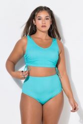 Damski Top bikini miękkie miseczki tasiemki do marszczenia po bokach. Zielone bikini damskie Ulla Popken, bez wzorów, plus size. Za 139.99 zł.