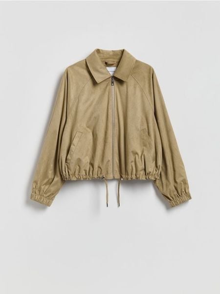 Kurtka bomberka z imitacji zamszu - beżowy. Brązowe kurtki damskie Reserved, l, bez wzorów, bez kaptura. Za 229.99 zł.