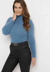 Granatowy Puchaty Golf z Wełną i Długim Rękawem Bullame. Niebieskie golfy damskie Born2be, bez wzorów, z wełny, bez ramiączek. Za 49.99 zł.