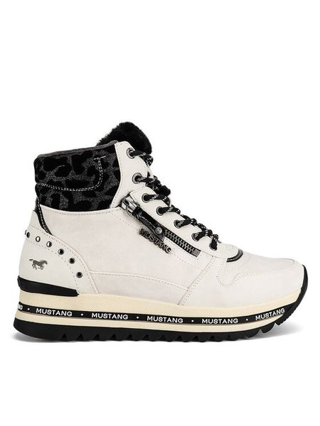 Mustang Trzewiki 1364-503 Biały. Białe botki damskie Mustang, ze skóry, bez obcasa, na płaskiej podeszwie, bez zapięcia. Za 279.99 zł.