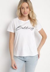 Biały Bawełniany T-shirt z Ozdobnym Napisem Virretis. Białe t-shirty damskie Born2be, m, bez wzorów, z bawełny, bez kołnierzyka. Za 34.99 zł.
