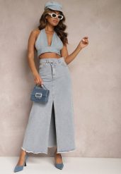 Jasnoniebieska Postrzępiona Spódnica Maxi z Jeansu z Rozcięciem Feedi. Niebieskie spódniczki damskie Renee, m, bez wzorów, z jeansu, z podwyższonym stanem, maxi, trapezowe. Za 69.99 zł.