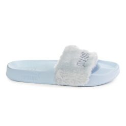 Fenty x Puma, niebieskie klapki flatform z tłoczonym logo. Brązowe klapki damskie 187, bez wzorów, z materiału, bez obcasa. Za 288.99 zł.