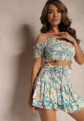 Zielono-Beżowy Bawełniany Komplet Bluzka Hiszpanka Szorty High Waist z Falbankami Testamara. Zielone szorty damskie Renee, bez wzorów, z bawełny, z podwyższonym stanem. Za 39.99 zł.