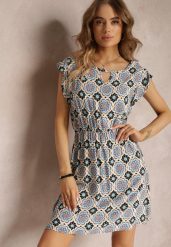 Niebiesko-Czarna Bawełniana Sukienka Mini w Mozaikowy Wzór z Gumką w Talii Fiyona. Niebieskie sukienki damskie Renee, l, bez wzorów, z bawełny, bez kołnierzyka, bez ramiączek, mini. W wyprzedaży za 39.99 zł.