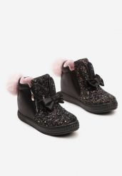 Czarne Botki na Ukrytym Koturnie z Brokatem Kokardą i Futrzanym Pomponem Mazidra. Czarne botki dziewczęce Born2be, bez wzorów, z futra, bez ramiączek. Za 39.99 zł.