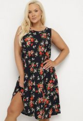 Granatowo-Czerwona Trapezowa Sukienka Bez Rękawów o Rozkloszowanym Kroju w Kwiaty Foltalea. Niebieskie sukienki damskie Born2be, na co dzień, xl, bez wzorów, eleganckie, bez kołnierzyka, bez ramiączek, midi, rozkloszowane. W wyprzedaży za 43.99 zł.