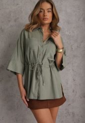 Zielona Koszula z Lnem Bawełną i Szerokimi Rękawami Moontwist. Zielone koszule damskie Renee, m, bez wzorów, z bawełny, casualowe, bez kołnierzyka, bez ramiączek. Za 139.99 zł.