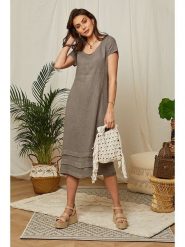 Lin Passion Lniana sukienka w kolorze szarobrązowym rozmiar: 38/40. Brązowe sukienki damskie Lin Passion, bez wzorów, ze lnu, klasyczne, bez kołnierzyka, bez ramiączek, midi, rozkloszowane. Za 113.99 zł.