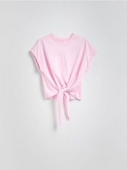 T-shirt z wiązaniem - pastelowy róż. Czerwone t-shirty damskie Reserved, l, bez wzorów, z bawełny, bez kołnierzyka. W wyprzedaży za 39.99 zł.