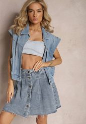 Niebieska Jeansowa Spódnica Mini z Zakładkami Hollette. Niebieskie spódniczki damskie Renee, xs, z aplikacjami, z jeansu, eleganckie, mini. Za 64.99 zł.