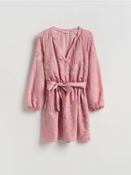 Sukienka mini z modalem - wielobarwny. Sukienki damskie Reserved, l, bez wzorów, z tkaniny, bez kołnierzyka, bez ramiączek, mini, rozkloszowane. Za 149.99 zł.