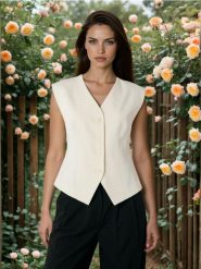 Kamizelka garniturowa z domieszką wiskozy - kremowy. Białe kamizelki damskie Sinsay, l, z wiskozy. Za 49.99 zł.