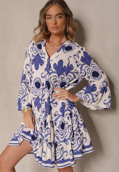 Niebieska Rozkloszowana Sukienka z Wiskozy Zdobiona Etnicznym Printem Pasiretia. Niebieskie sukienki damskie Renee, na co dzień, m, z aplikacjami, z wiskozy, eleganckie, bez kołnierzyka, bez ramiączek, mini, rozkloszowane. Za 99.99 zł.