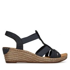 Sandały Rieker. Niebieskie sandały damskie Rieker, bez wzorów, bez obcasa, na koturnie. Za 319.99 zł.