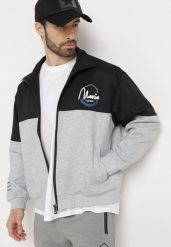 Czarno-Szara Kurtka Dresowa z Wysokim Kołnierzem i Nadrukiem Lwanes. Czarne kurtki treningowe męskie Born2be, l, bez wzorów, z dresówki. Za 139.99 zł.
